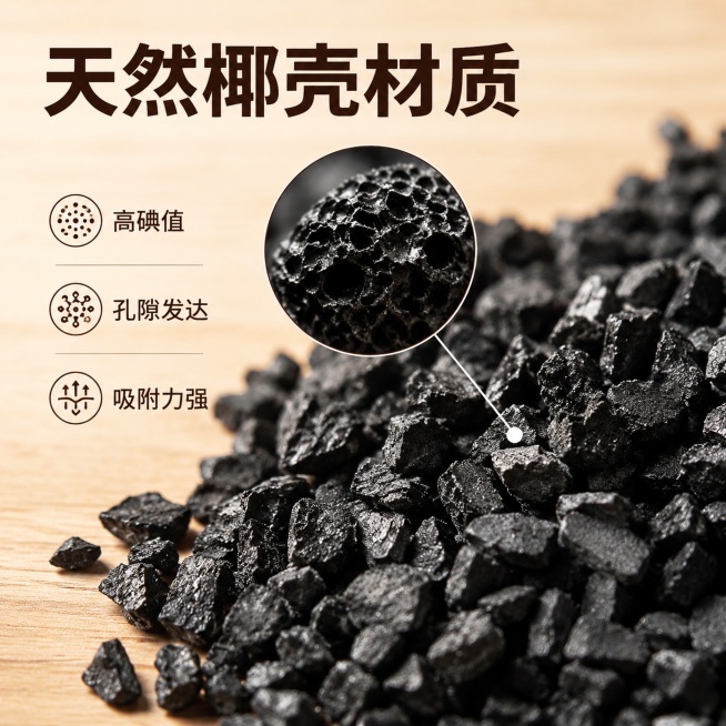 [主图3] 椰壳活性炭材质细节展示图；氛围风格：真实微距质感，突出天然椰壳材质优势；画质：商业摄影质感，超微距清晰细节，光线通透，产品真实；元素：放大展示椰壳活性炭颗粒的孔隙纹理，保持产品材质颜色与输预览效果