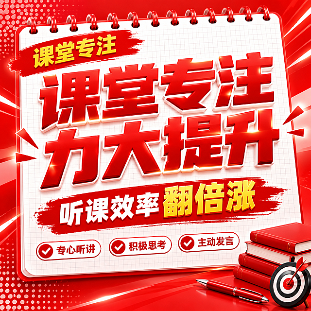 红色商务立体字风格开学季方版海报，红色线圈笔记本构图布局。画面比例1:1方版。画面主体是白色线圈笔记本背景，带网格纹理，顶部红色线圈环。左上角红色笔刷标签写着"课堂专注"，黄色文字。中央超大号红色立体字主标题分两行：第一行"课堂专注"，第二行"力大提升"，带白色描边，视觉冲击力强。下方红色笔刷底纹配白色文字副标题"听课效率翻倍涨"，"翻倍涨"三个字用金黄色突出。底部三个白色圆角对勾框横向排列，红色对勾图标："专心听讲""积极思考""主动发言"。右下角装饰：堆叠的红色书本、红色钢笔、黑板靶心。整体红色渐变背景带白色波点和速度线装饰，商务大气，文案醒目突出，适合手机端阅读。画面中所有信息区域必须填充完整合理的内容，不得出现空白框。