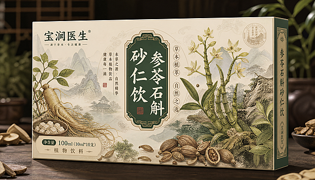 设计一款普通植物饮料包装盒，尺寸为230X132X25mm，品名是"参苓石斛砂仁饮"，商标为"宝涧医生"，标注净含量"100ml（10ml*10支）"和文字"植物饮料"，背景设计复杂一些，不要太简单，包装设计，中式草本风格
