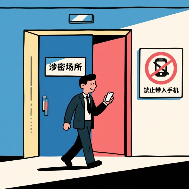 涉密场所禁止带入手机，漫画形式，人物拿着手机进入涉密场所，禁止图示预览效果