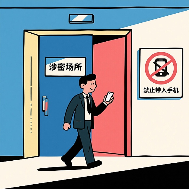 涉密场所禁止带入手机，漫画形式，人物拿着手机进入涉密场所，禁止图示