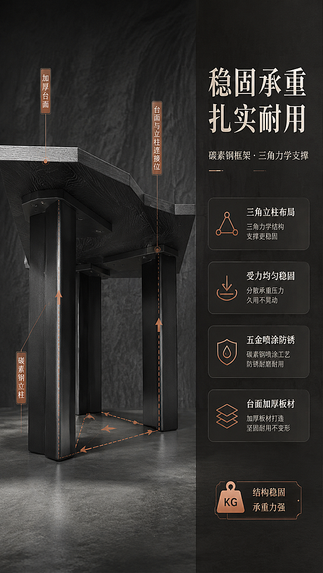 [商品] 使用【图1】DZ-8817茶台；保留异形不规则台面、三根粗壮立柱底架、深炭灰色水曲柳木皮纹理、碳素钢黑色底架结构与比例；商品处理：增强木皮纹理质感与碳素钢哑光喷涂质感，修复边缘瑕疵，不改变造型结构和颜色。
[画面] 目标：结构承重解析，说明碳素钢底架的稳固支撑与耐用性。右文左图型，左侧约3/5茶台底架仰视+侧视结合角度，突出三根粗壮立柱与台面连接结构，产品占画面约60%；右侧约2/5深炭灰渐变文案区。用虚线+箭头示意承重受力方向，底部放置一个小型称重示意图标。背景为深色工业风墙面，地面为水泥质感。阅读动线从左到右。
[视觉] 套系策略：风格=现代东方侘寂风商业摄影；标题字=宋体粗体（东方雅致）；正文字=简洁无衬线体；主色=深炭灰（接近产品色）；背景延展=基于深炭灰做深浅层级、同色渐变、纸纹/木纹质感；强调色=赭石暖棕，仅用于小面积图标、引线、标签和局部光效；标题色=米白；正文色=浅暖灰；组件=细线引线、圆角深色信息卡、中式印章式标签；光影=下方打光突出底架结构，侧上方补光，硬朗阴影体现力量感。
[文字] 右侧主标题「稳固承重 扎实耐用」，副标题「碳素钢框架 · 三角力学支撑」，下方4个结构卖点：三角立柱布局 | 受力均匀稳固 | 五金喷涂防锈 | 台面加厚板材。左侧用细线引线标注「碳素钢立柱」「台面与立柱连接位」「加厚台面」。文字全部横向排版，不遮挡底架结构主体。
[规格] 淘宝/天猫详情页，单屏比例9:16竖版，分辨率4K，负向提示：避免变形、错字、文字过小、冷蓝背景、产品颜色改变、结构失真、极限词、虚假承重数据。