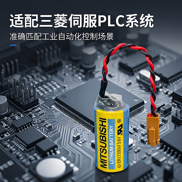 [主图 4] 三菱ER17330V锂电池应用场景说明图。[氛围风格] 工业科技风，专业干净。[画质] 商业摄影质感，清晰真实，画面高级。[元素] 三菱锂电池放置在前景偏右位置，保持产品外观和原图一致，背景为虚化的工业伺服驱动器控制系统电路板，模糊背景突出产品主体。前景产品清晰，背景电路纹理可见但虚化处理，突出主体产品。商品主体占比约60%。[光影] 前景产品主光充足，背景环境光柔和，明暗对比突出产品主体。[配色] 主色调保持产品原有颜色，背景为深灰电路板冷色调，整体专业稳重。[视角构图] 平视取景，浅景深突出前景产品。[文字版式] 画面左上负空间放置主标题适配三菱伺服PLC系统，副标题准确匹配工业自动化控制场景，文字清晰，不遮挡产品主体。[比例分辨率] 1:1比例，2k分辨率，文字清晰可辨，超高清。[负向提示词] 变形，水印，文字错乱，产品模糊，背景杂乱，过度曝光，颜色偏差