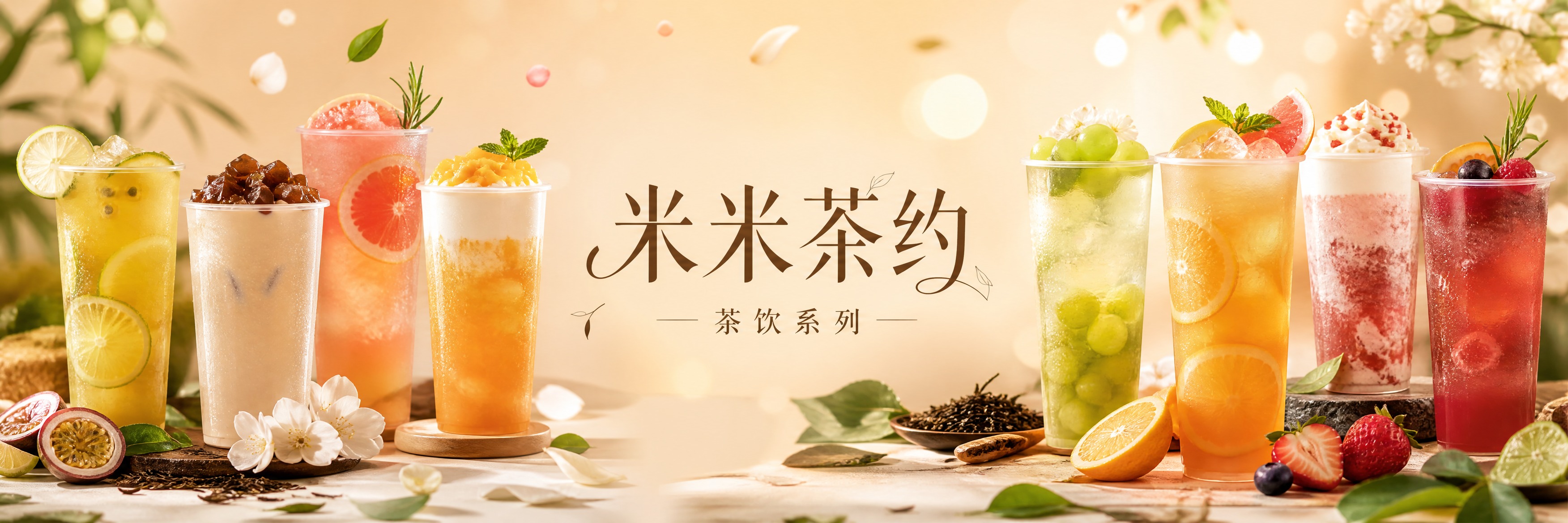 写实商业摄影风格，茶饮品牌超宽海报设计。超长横版构图，画面中央… - 图片创意预览