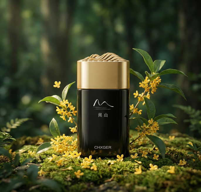产品置于简洁的山林背景中，淡化背景，产品再放大一点，突出产品，放在森林的地上，产品瓶子底下旁边点缀一些黄色的桂花花瓣和桂花枝树叶围绕产品，整体呈现森林的绿色调。森林里有淡淡的光照效果预览效果