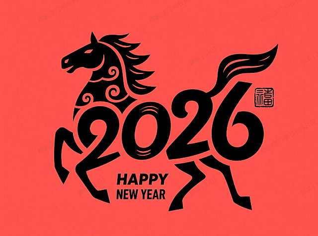 背景为纯红色，主体是黑色传统剪纸风格的奔腾骏马造型—— 马身巧妙融合 “2026” 数字（“2” 化作马颈、“0”“6” 嵌入马身），线条流畅且带有剪纸特有的卷曲装饰感；马形旁点缀一枚黑色中式印章，下方标注 “ HAPPY NEW YEAR” 的黑色文字