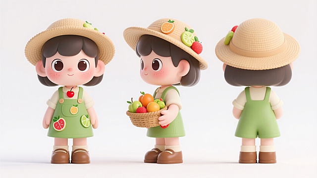 3D风卡通女孩，拟人化设计，简约可爱，手提水果篮，清新田园风。
