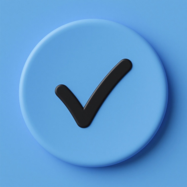 极简风格的圆形图标，内部有一个向右倾斜的黑色对勾符号，对勾线条圆润且具有轻微的立体感，图标整体以纯蓝色作为背景，设计简洁明了，线条流畅，视觉效果干净利落，符合现代简约的设计美学。预览效果
