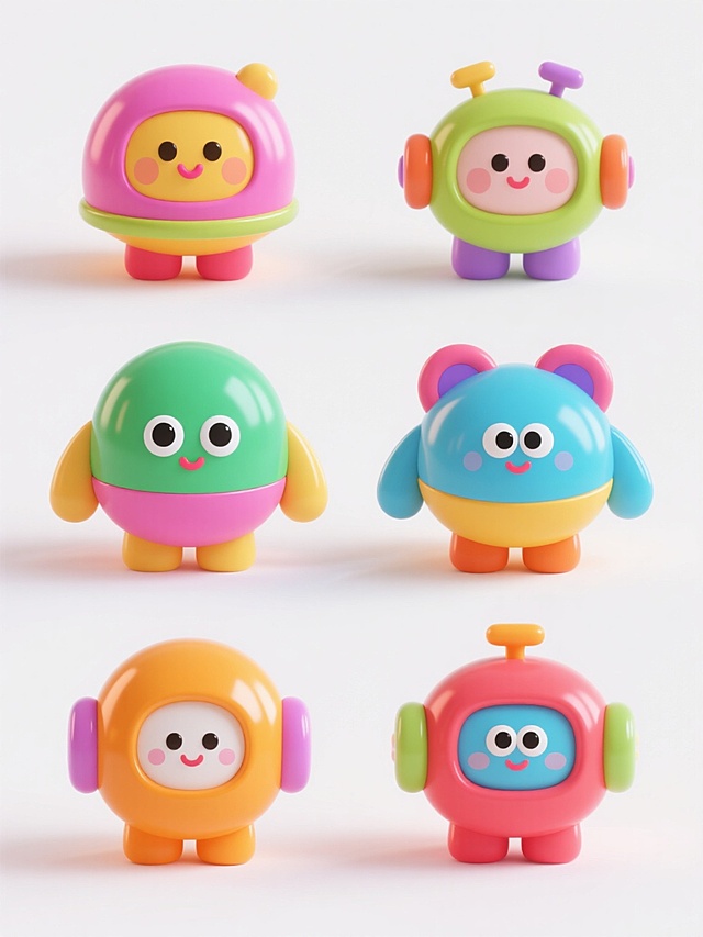 3D render, six different colorful toy-like elements in the style of the original image, each with distinct配色方案, unique样式design, and varying material textures (such as smooth plastic, glossy finish, matte sections), arranged neatly and symmetrically on a clean white background, each element featuring playful, cartoonish characteristics like the original: rounded forms, bold and bright colors, simple facial features with expressive eyes, cheerful and lively atmosphere, smooth surfaces with subtle reflections, consistent lighting from the upper front creating soft shadows beneath each element, maintaining the same 3D modeling style, vibrant color palette, and cute, child-friendly aesthetic as the original single element.
