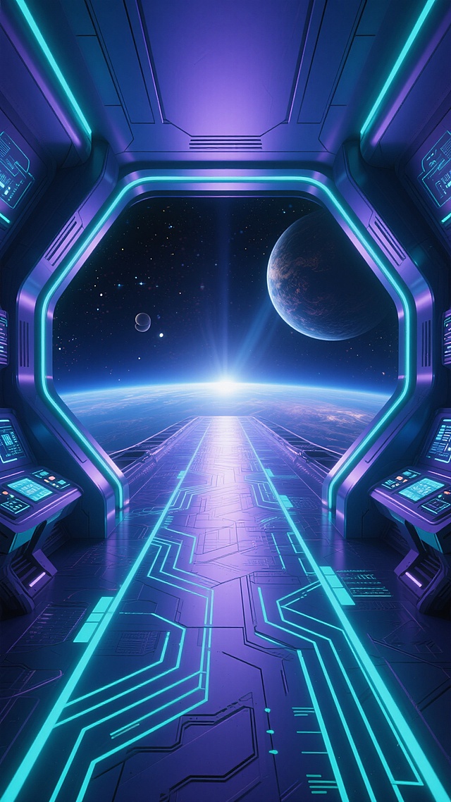未来感十足的太空飞船驾驶舱内部视角，采用深蓝色与紫色渐变为主色调，搭配荧光青色的科技线条勾勒，强烈的中央光源从飞船前方深邃宇宙中照射进来，营造出神秘而充满探索感的氛围，地面布满复杂的发光电路纹理与几何导航标线，两侧舱壁呈现出流线型的金属质感并点缀着全息控制面板的微光，远处可见悬浮的行星与闪烁的星群，整体画面采用对称构图与透视引导线，呈现出沉浸式的科幻空间体验与动态前进的视觉张力。