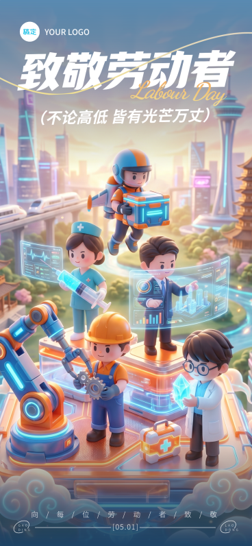 赛博朋克多元职业3D插画五一劳动节全屏竖版海报预览效果