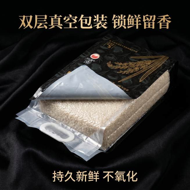 [主图 6] 五常大米双层真空锁鲜包装工艺展示。
[氛围风格] 黑金高端风格，工艺展示清晰直观
[画质] 商业摄影质感、光线柔和通透、产品清晰真实、画面干净高级。
[元素] 展示拆开外层包装后的双层真预览效果