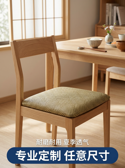 [主图 5] 藤席坐垫定制服务展示，实景应用场景，原木日系风格
[氛围风格] 居家场景展示，真实使用体验，温馨自然
[画质] 商业摄影质感、光线柔和通透、产品清晰真实、画面干净高级
[元素] 成品藤席预览效果