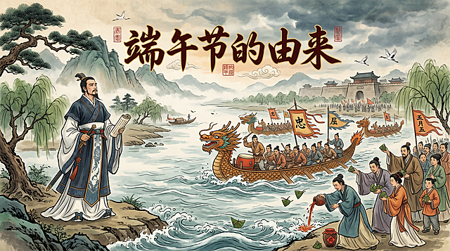 标题为“端午节的由来”，画面展示端午节起源故事场景，包含屈原、汨罗江、龙舟元素，传统国风插画风格，带有完整标题文字，整体氛围庄重古朴。