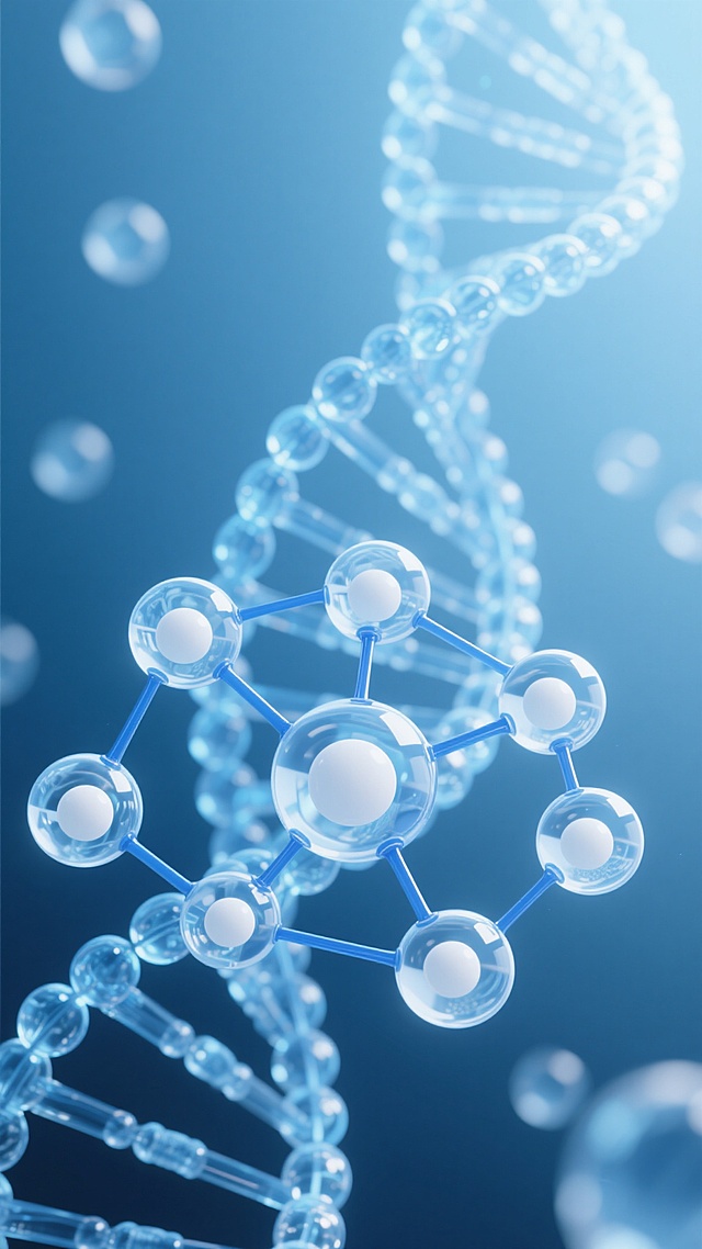 科技感生物医学插画，半透明蓝色调玻璃质感分子结构，中心为多个大小不一、带有白色核心的透明球体通过蓝色连接线相连，背景中螺旋状DNA双螺旋结构由半透明圆珠串成，整体光线柔和，呈现散射光晕效果，具有科学精确性与未来感的视觉平衡，画面纯净无文字信息，聚焦于不同分子球体与DNA链构成的基因背景微观世界。