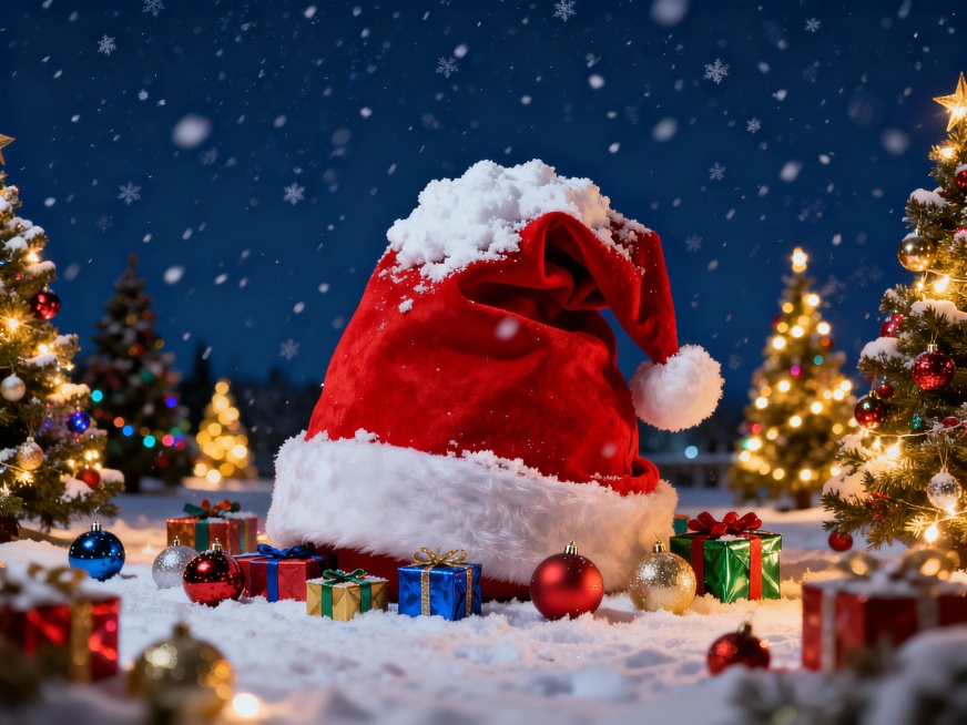 夜晚雪景，中央是一个巨大的红色圣诞帽，帽子顶部堆积着蓬松的白雪，帽檐翻卷，周围环绕着许多彩色礼物盒和圣诞球，左右两侧分布着多棵装饰着彩灯和饰品的圣诞树，树木与圣诞帽保持较远的距离，背景是深蓝色夜空，飘预览效果