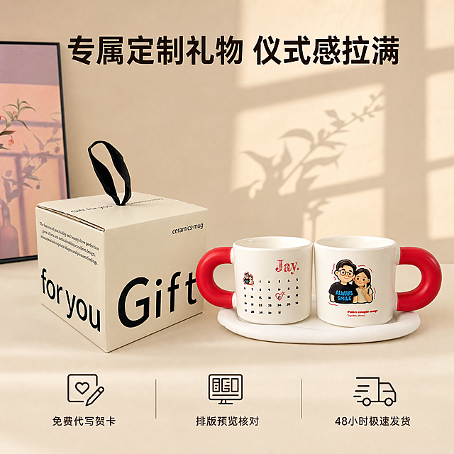 [主图-5] 服务优势与包装展示图；氛围风格为温馨礼物氛围感，和整体风格统一；商业摄影质感、光线柔和通透、产品清晰真实、画面干净高级；左侧展示马克杯的礼品包装盒，右侧露出一对马克杯，包装盒为简约米色设计，带有黑色提手，整体呈现精致礼物的感觉。保持产品包装盒和马克杯外观与输入图片绝对一致，杜绝任何变形和色差，精细化处理。商品主体占比约65%；画面满屏无边框；柔和自然光，突出礼物包装的精致感；主色调米色，搭配黑色文字，延续整体清新温馨风格；斜侧平视拍摄，包装盒和杯子都完整展示；底部三列展示服务优势：列一"免费代写贺卡"列二"排版预览核对"列三"48小时极速发货"，文字简洁清晰，背景干净不抢主体；顶部标题写"专属定制礼物 仪式感拉满"，深色粗体居中；1:1比例，文字清晰锐利，画面超高清；禁止出现变形，水印，文字错乱，产品图模糊，背景杂乱，文字遮挡产品主体