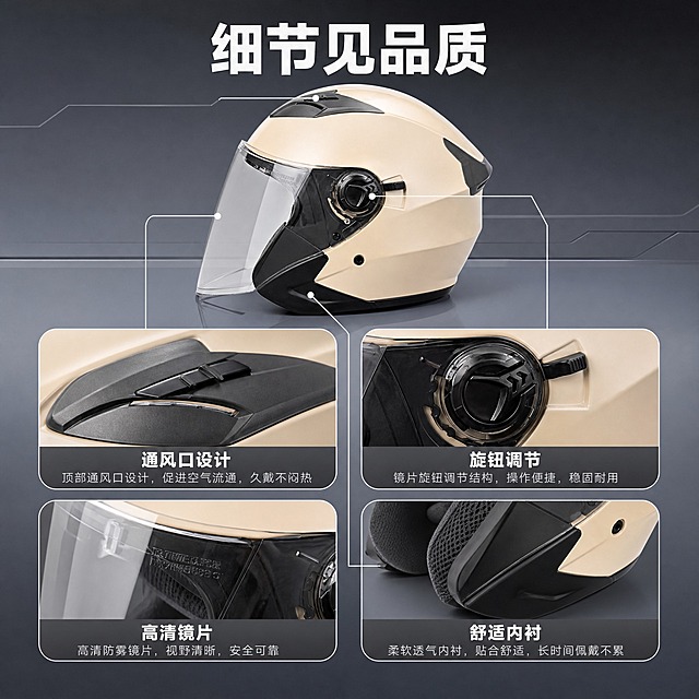 [主图-3] 产品证据 结构细节与材质展示。
[统一基调] 专业品质 简洁大气 安全可靠 冷灰色科技背景 主标题白色粗体无衬线字 辅助文字浅灰色 强调色为深灰色 圆角卡片样式 整体干净利落。
[画面] 画面上方展示头盔完整侧面视角 占画面约40% 下方用2x2四个圆角细节卡片展示真实可见结构细节 左上角卡片放大展示顶部通风口结构配"通风口设计"文字 右上角卡片放大展示侧面镜片调节旋钮配"旋钮调节"文字 左下角卡片放大展示透明镜片边缘与卡扣结构配"高清镜片"文字 右下角卡片放大展示下巴处黑色护板与内衬配"舒适内衬"文字 每张卡片内有局部放大图和引线指向头盔对应部位。
[光影质感] 商业产品摄影质感 细节卡片内微距特写清晰 材质纹理可见 塑料烤漆质感 内衬织物纹理真实 整体光影统一从上方来。
[配色] 背景中灰色 产品奶白色 细节卡片深灰底白边 文字白色 引线用细白线。
[文字版式] 画面顶部居中标题"细节见品质" 粗体无衬线大字 四个细节卡片均匀分布在下方 每个卡片底部有小号说明文字 引线从卡片指向头盔对应位置。
[输出要求] 1:1正方形 2048x2048像素 细节清晰 文字可读 产品结构准确 无水印 无平台Logo 负向 变形 错字 模糊 结构错误。