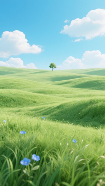 3D渲染风格的自然风景背景，广阔的绿色起伏草地占据画面下方，草叶茂密且富有层次感，近处点缀着几朵小小的蓝色野花，远处地平线上有一棵孤零零的小树。上方是明亮通透的蓝天，飘着形态各异、边缘柔和的白色云朵，整体色调以清新的蓝绿色为主，光影明亮柔和，营造出宁静、开阔、充满生机的氛围，画面构图采用三分法，天空与草地比例协调，具有强烈的空间纵深感和自然写实的质感。预览效果