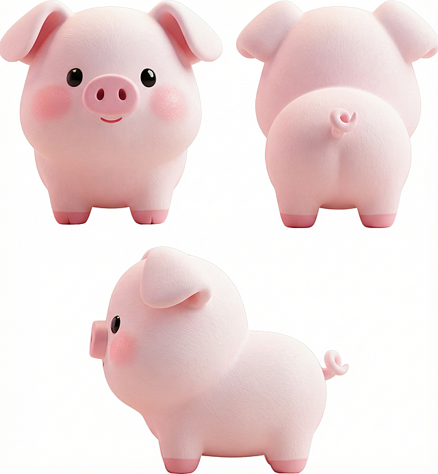 根据图片，画出这只小猪的正视背视侧视，三视图