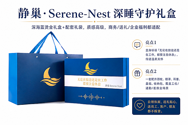 在静巢睡眠礼盒和礼袋图片上添加详情文案：【静巢·Serene-Nest 深睡守护礼盒】- 深海蓝烫金礼盒+配套礼袋，质感高级，商务/送礼/企业福利都适配 - 盒身标语「无论在旅途还是在工作，都要注意休息」，传递温柔关怀 - 一套配齐颈枕、眼罩、耳塞、盖毯、收纳包，覆盖工位/通勤/差旅全场景 - 自用体面，送礼贴心，送员工、客户、朋友都不踩雷。文字排版清晰易读，字体大小适中，位置合理不遮挡产品主要特征。
