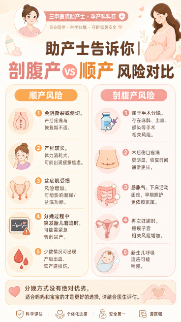小红书科普图文，标题为"助产士告诉你 | 剖腹产vs顺产 风险对比"，整体风格柔和温馨暖色调，左侧是"顺产风险"板块，右侧是"剖腹产风险"板块，分点对比排列，顶部标注助产士个人IP，排版清晰，有详细文预览效果