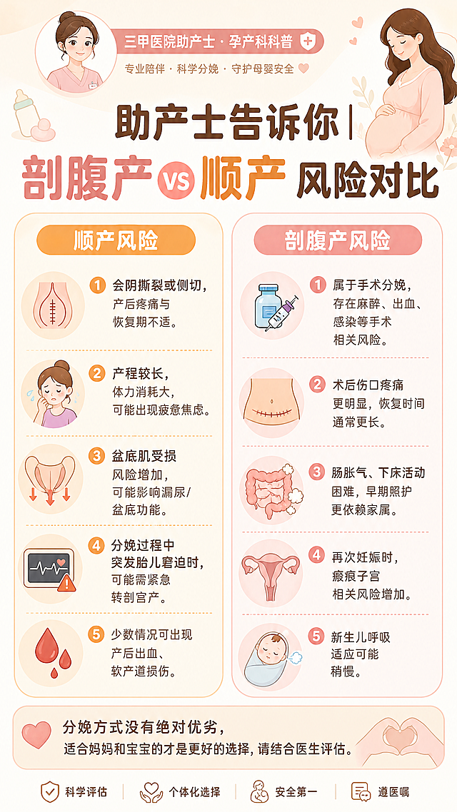 小红书科普图文，标题为"助产士告诉你 | 剖腹产vs顺产 风险对比"，整体风格柔和温馨暖色调，左侧是"顺产风险"板块，右侧是"剖腹产风险"板块，分点对比排列，顶部标注助产士个人IP，排版清晰，有详细文字对比，适合母婴内容，专业可信