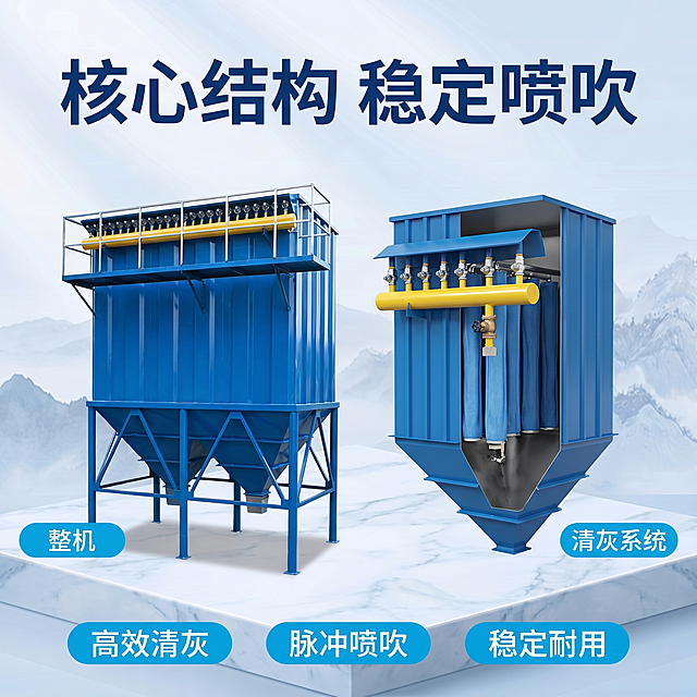 [主图 2] 除尘器核心结构卖点展示。[氛围风格]专业工业品质感，整体风格和首图保持一致。[画质]商业摄影质感，光线通透清晰，产品真实精细，画面干净高级。[元素]左侧展示蓝色布袋除尘器整机外观，右侧放喷吹系统核心结构半剖示意图，保持除尘器整体外观颜色结构和实拍图一致。产品放置在白色大理石台面，浅蓝渐变远山背景，商品整体占比70%，画面干净无边框。[光影]正面主光均匀打亮，结构处轮廓光突出层次，右侧剖面结构明暗清晰，突出内部部件细节。[配色]主色调浅蓝背景+白色台面+产品蓝色，保持和首图统一风格。[视角构图]左侧整机右侧结构的二分构图，平视角度，层次清晰。[文字版式]顶部居中大字主文案"核心结构 稳定喷吹"，深蓝色粗体；左侧整机标注「整机」，右侧剖面标注「清灰系统」，小字浅蓝底白字标签；底部三个横排标签分别标注「高效清灰」「脉冲喷吹」「稳定耐用」，清晰易读不遮挡主体。[比例分辨率]1:1比例，2K分辨率，文字清晰可辨，超高清。[负向提示词]变形，水印，文字错乱，产品模糊，背景杂乱，色差，文字遮挡主体。