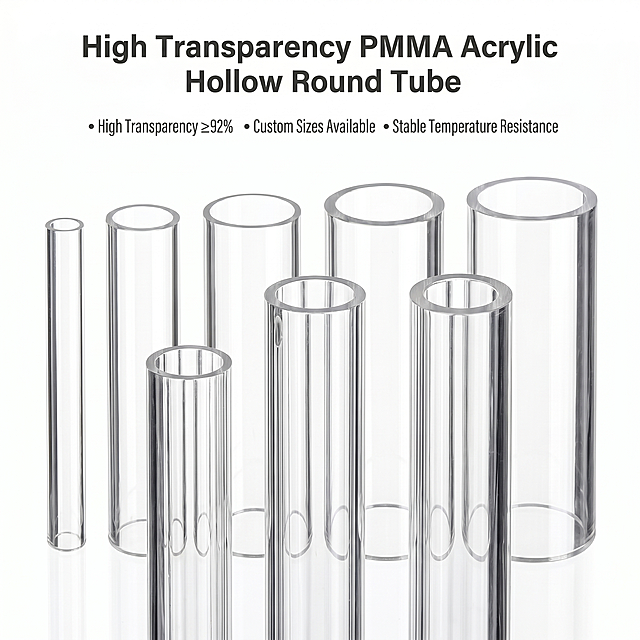 [主图-1] High Transparency PMMA Acrylic Hollow Round Tube product first main image. Keep the product appearance (physical structure, material texture, transparency) completely consistent with the input product images,杜绝 any deformation and color difference, refined processing. Multiple different diameter acrylic transparent hollow tubes placed in center, product occupies about 85% of the画面, on pure white background #FFFFFF. Commercial photography texture, soft and transparent light, product clear and real,画面 clean and high-level. High light on the edge of tube, highlight transparent texture, sharp detail. Color scheme: main color pure white background, auxiliary color transparent clear acrylic. Perspective composition: head-up, product centering, full screen no border. Text: title "High Transparency PMMA Acrylic Hollow Round Tube" on top center, bold large font dark gray; three core selling points below the title: "High Transparency ≥92%", "Custom Sizes Available", "Stable Temperature Resistance", small font same color. Keep all text in English, no Chinese characters. Proportion resolution: 1:1 ratio, 2K resolution, text clear and recognizable, ultra high definition. Negative prompt: deformation, watermark, text confusion, blurred product image, messy background