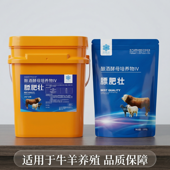 基于提供的膘肥壮产品，生成第五张抖音电商主图，展示桶装加袋装完整产品全家福，两款产品整齐并排摆放，背景简约浅灰色，底部放置半透明服务承诺文案"适用于牛羊养殖 品质保障"，字体为白色无衬线，保持整体风格预览效果