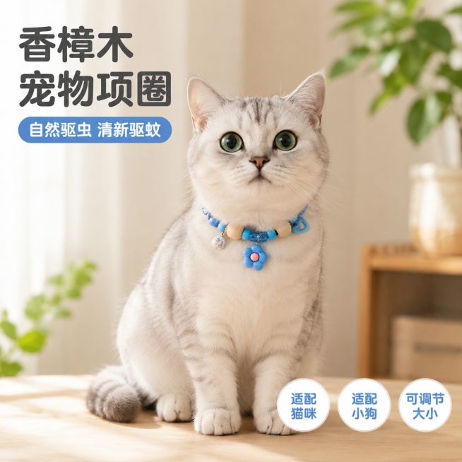 [主图-1] 蓝色香樟木宠物项圈首图，佩戴展示。
[氛围风格] 专业品质淘宝宠物用品风格，温馨自然。
[画质] 商业摄影质感、光线柔和通透、产品清晰真实、画面干净高级。
[元素] 一只蓝白英短猫咪端坐预览效果