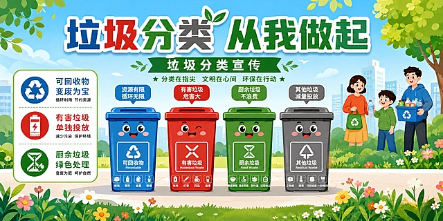 去掉画面右下角的二维码占位方块及其旁边的文字，去掉底部落款"上海路街道红梅社区 宣"的整个底栏区域，用周围的草地、花卉和背景元素自然填充修复，保持画面完整和谐，其余所有内容保持不变