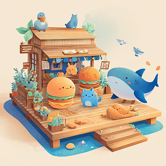 "Cute healing fantasy flat illustration, a wooden food restaurant building on the sea platform, anthropomorphic food characters (hamburgers, breads) sitting in the restaurant, a huge cartoon blue shark next to the platform, small details like kittens, seagulls, menu boards and green plants, warm orange and light blue color palette, soft rounded lines, flat coloring with subtle gradients, lively and warm daily atmosphere, clear spatial hierarchy (foreground kitten, middle ground restaurant, background sea), high detail, horizontal composition"