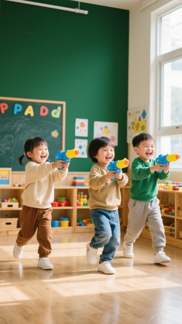 三个亚洲小朋友在明亮的幼儿园教室里，面带灿烂笑容，手中拿着蓝色和黄色的玩具水枪，正变换着不同的活泼动作玩耍。他们穿着舒适的休闲服装，有米色上衣搭配棕色裤子、卡其色上衣配蓝色牛仔裤和绿色上衣配灰色裤子。教室的木地板反射着从大窗户洒进来的温暖阳光，背景中有绿色的黑板墙，上面贴着彩色的字母和图案，还有摆放着各种玩具的木质收纳架，整体氛围充满童真、欢乐与温馨，是一幅生动自然的儿童生活场景。预览效果