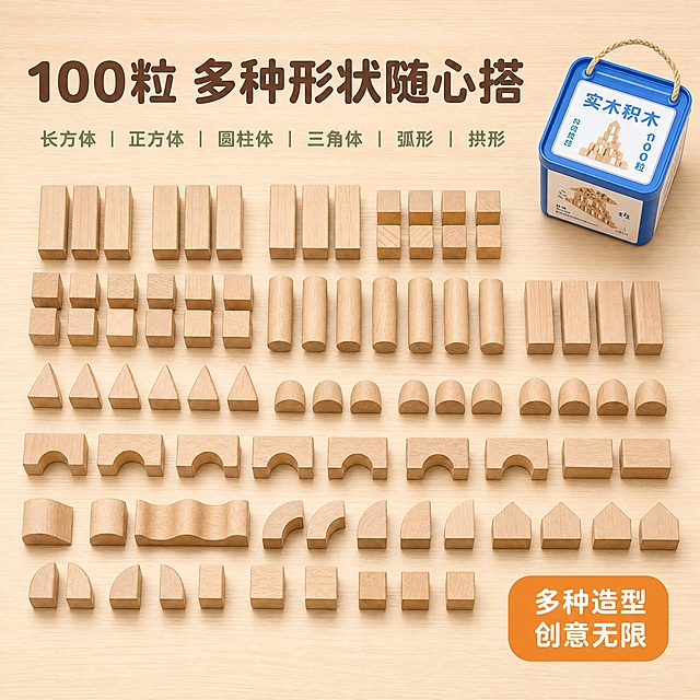 [主图-5] 100粒积木形状规格展示图，展示丰富的形状种类和数量。
[统一基调] 原木自然母婴玩具风，背景为浅暖木色纹理背景，字体圆润无衬线粗体，主标题深原木棕，辅助字浅灰绿，强调色暖橙。
[画面] 俯视平铺视角，将各种形状的原木积木整齐分类排列在浅木色桌面上，展示丰富的形状种类：长方体、正方体、短圆柱、长圆柱、三角体、半圆柱、弧形块、拱形块等，每种形状2-3块，排列成矩阵式，清晰展示形状多样性。右上角放蓝色积木桶作为参照。产品占画面约65%，视角正上方俯视，整齐有序。
[光影质感] 均匀顶光，俯视产品摄影质感，每块积木木纹清晰，边缘圆润，排列整齐有秩序感。
[配色] 浅暖木色背景，原木本色积木，蓝色包装桶，深棕+浅灰绿文字，暖橙强调。
[文字版式] 画面上方居中大标题"100粒 多种形状随心搭"，深原木棕粗体；下方小字标注"长方体 正方体 圆柱体 三角体 弧形 拱形"，浅灰绿色，用分隔号隔开；右下角暖橙色小标签"多种造型 创意无限"，白字。文字在上下负空间，不遮挡积木排列展示。
[输出要求] 1:1正方形，2048*2048，排列整齐，产品清晰，文字清晰，无变形错字，无水印无平台logo。