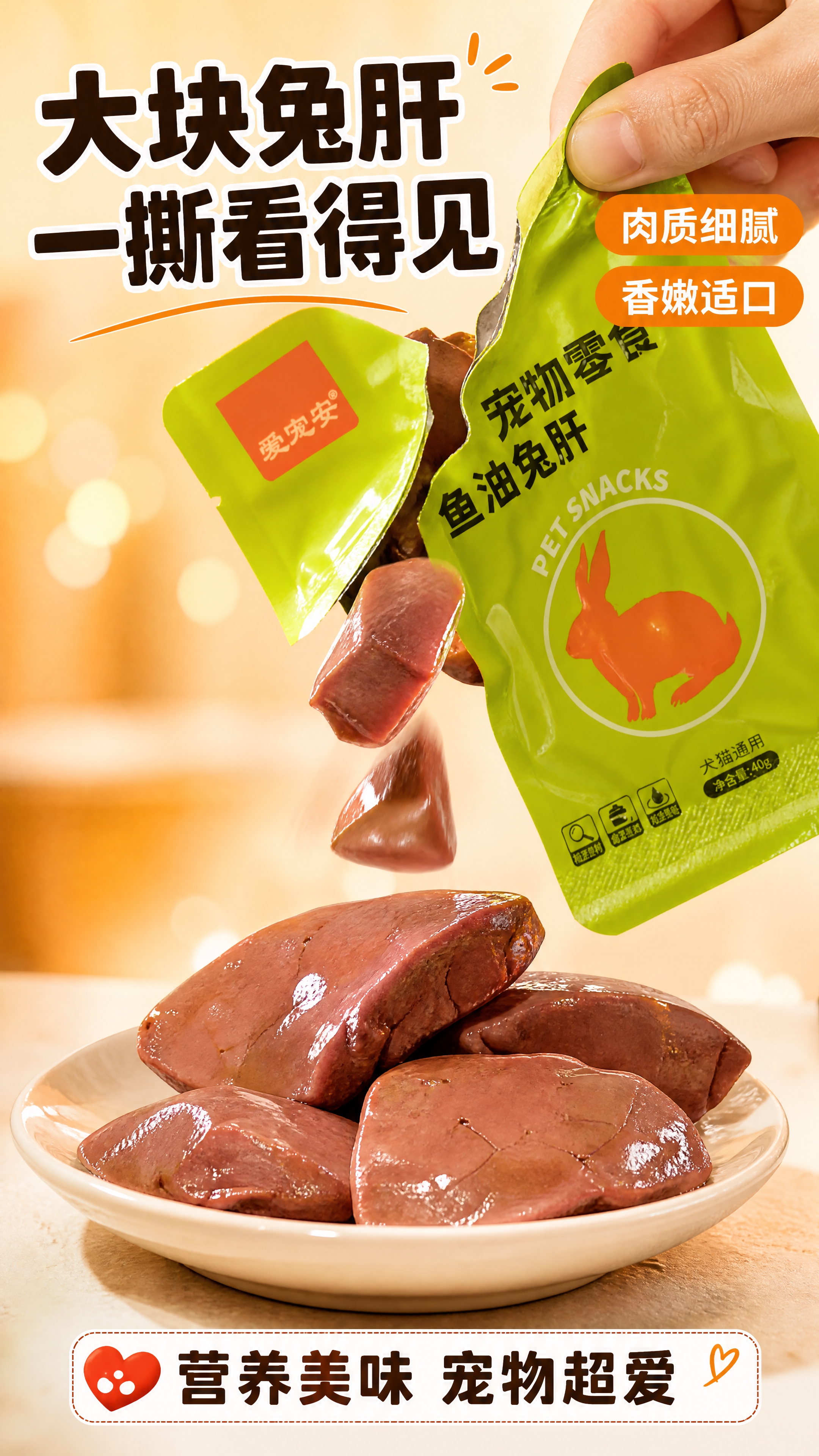 [商品] 使用【图1】爱宠安鱼油兔肝宠物零食绿色包装袋正面；保… - 图片创意预览