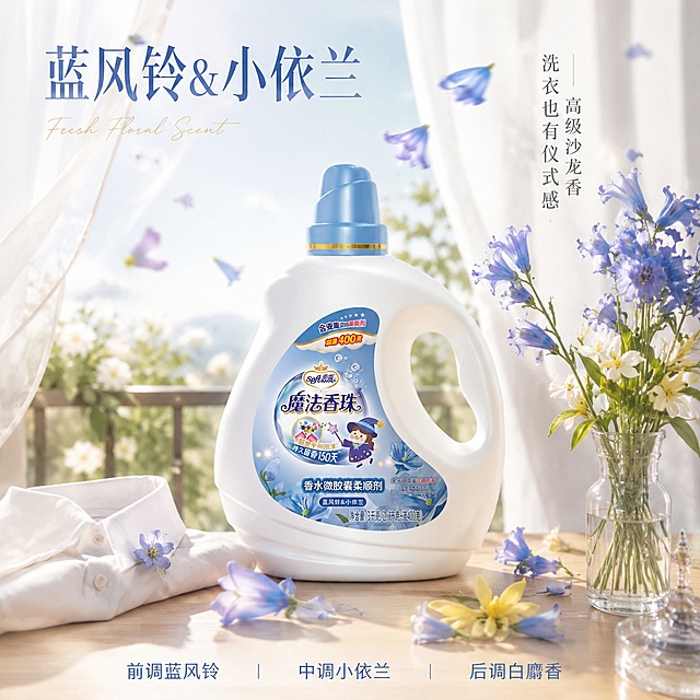 [主图-6] 蓝风铃小依兰香调氛围感主图 香氛洗衣生活仪式感
[氛围风格] 清新治愈系居家场景 法式慵懒感 花香弥漫 生活日常 高级香氛感
[画质] 商业摄影质感 光线柔和梦幻 细节细腻 超高清 花香氛围感强
[元素] 画面中央是一瓶柔欣魔法香珠柔顺剂（白色瓶身蓝色标签蓝盖 蓝风铃&小依兰款），放置在木质洗衣台面上。瓶身周围飘散着蓝紫色的蓝风铃花和小依兰花花瓣，花瓣在空中轻盈飞舞，形成淡淡的花香可视化效果。台面上散落着几朵新鲜的蓝风铃花，旁边有一个透明玻璃花瓶插着蓝紫色花束。背景是明亮的法式阳台，白色纱帘随风轻摆，透进柔和的午后阳光，远处隐约可见绿植。台角放着一件刚熨好的白色衬衫，领口别着一朵小花。保持柔顺剂产品外观（即物理结构 材质质感 颜色 标签图案）与输入产品图绝对一致 杜绝任何变形和色差 精细化处理。商品主体占比约60%。画面满屏无边框。
[光影] 午后侧逆光透过白纱 形成丁达尔光效 柔和暖金色调 花瓣有半透明光感 瓶身有柔和高光 整体梦幻治愈 明暗层次丰富
[配色] 主色白+清透蓝+淡紫 辅色暖金+浅木色 整体清新高级有氛围感
[视角构图] 平视略偏侧45度 产品在视觉中心 花瓣从产品向四周飘散 引导视线 景深较浅 背景虚化突出主体
[文字版式] 左上角大标题"蓝风铃&小依兰" 蓝色优雅宋体大号字 下方英文小字"Fresh Floral Scent" 手写体装饰。右侧中部竖排文字"高级沙龙香 洗衣也有仪式感" 深灰色细体。底部一行小字"前调蓝风铃 中调小依兰 后调白麝香" 分三小段排列。文字全部放在负空间 不遮挡产品主体。
[输出要求] 1:1比例 文字清晰锐利 超高清商业摄影质感
[负向提示词] 变形 文字错乱 产品模糊 背景杂乱 水印 电商Logo 花瓣过多过密