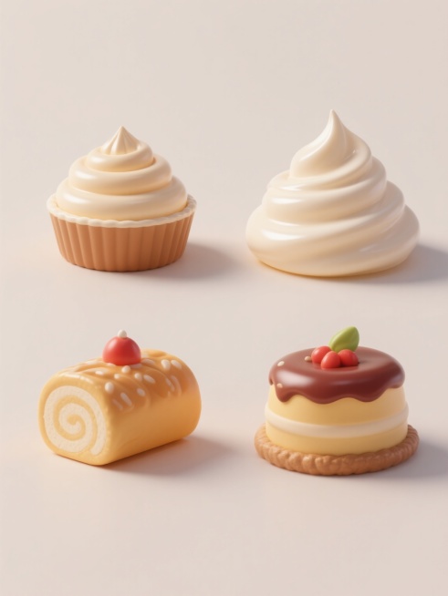 一系列4个完全不同的食物元素集合，每个元素都采用超写实3D渲染风格，拥有细腻光滑的奶油质感，柔和的高光和自然阴影，纯净的纯色背景，元素类目保持一致，规整排布在同一画面中，整体色彩进行变换但风格不变，呈现出精致、诱人的视觉效果，每个元素细节丰富，形态饱满，光影过渡自然，具有高度的真实感和立体感。预览效果