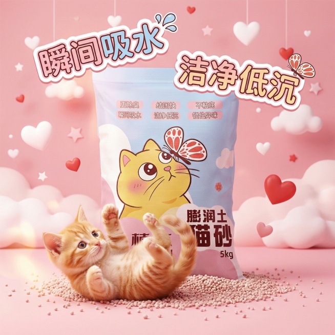 我是在拼多多卖猫砂的 帮我设计十张主图 可爱一点 最好有小猫预览效果