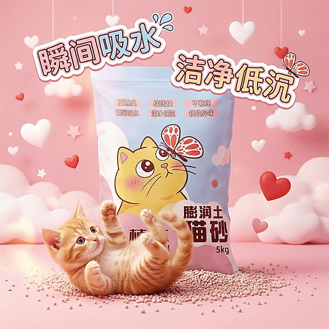 我是在拼多多卖猫砂的 帮我设计十张主图 可爱一点 最好有小猫