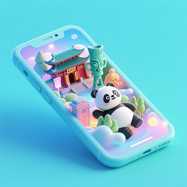 一个手机创意微缩场景，手机平放，侧面对着观众，手机俯视角度，立体的成都景观从屏幕内出来，有熊猫，三星堆，武侯祠，整体色调立体魔幻。青色背景。具有梦幻感,打光营造出柔和氛围强调梦幻和未来感的美学。