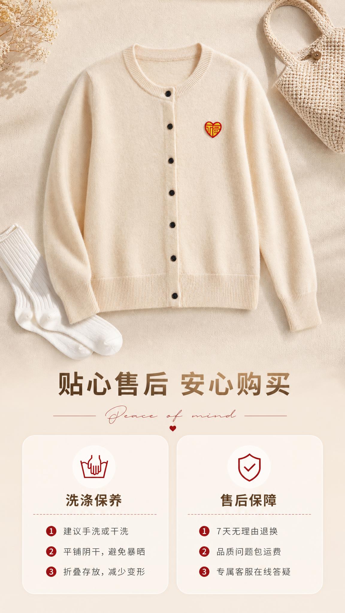 [商品] 使用【图1】米杏色圆领爱心福字刺绣羊毛开衫平铺图；商… - 图片创意预览
