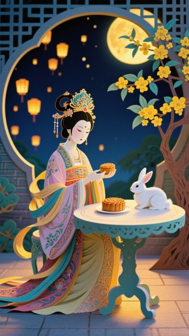 纸雕艺术，一个万家灯火的夜晚，一个穿着中国传统服饰，头戴华丽头饰的嫦娥，敦煌配色，坐在庭院的圆桌边吃着月饼，桌上有只洁白的玉兔，院子左侧有桂花悄然绽放预览效果