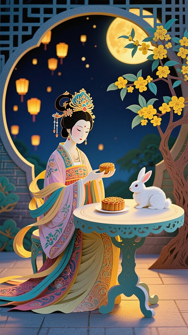 嫦娥坐在院子里吃月饼赏月