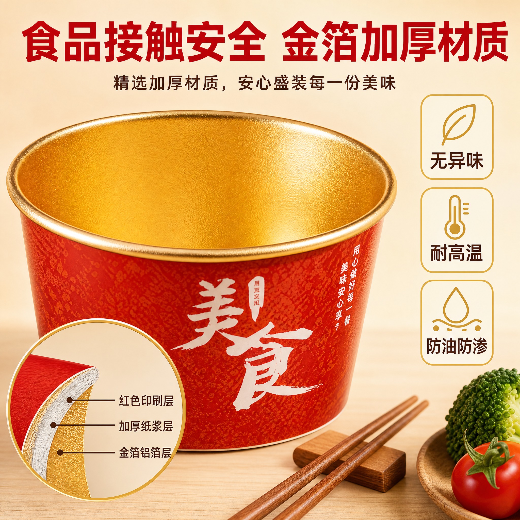 [主图-3] 金箔纸碗材质细节与安全性展示图，突出金箔内壁材质… - 图片创意预览