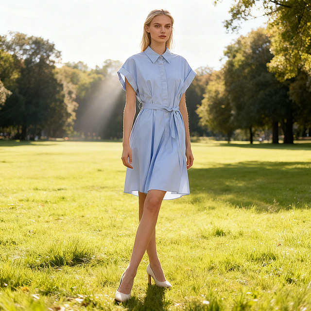 将这件浅蓝色衬衫连衣裙穿在一个乌克兰模特身上，五官精致立体，身高168cm身材比例修长，纤瘦唯美，严格保留服装原本的颜色、长短比例和款式，穿着及动作自然，符合夏日服装风格。背景为大自然户外公园草地风光远景，构图尺寸为2250*2250，人物居中，采用远深景视角完整展现全身穿搭，搭配2026年流行浅色系夏季有跟鞋子。丁达尔光效果，高调布光，减少阴影，光线均匀，无硬阴影，背景干净专业，中性不抢镜，整体氛围立体明亮，优雅氛围感，时尚穿搭写真风格，质感细腻