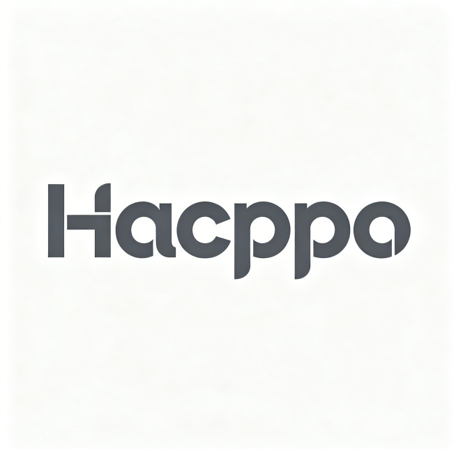 干净的纯白色背景。平面艺术字体设计，六个字母"Hacppo"，所有文字单行横向排列，现代简约无衬线字体设计，采用几何切割和线条重构设计手法，字母圆润流畅，整体气质简约商务，适配成人用品品牌调性，深灰色预览效果