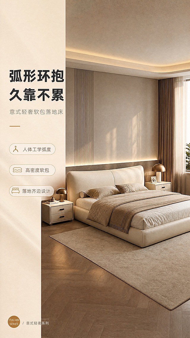 [商品] 使用【图1】意式轻奢弧形软包落地床；保留床头大弧度圆润造型、米色软包面料、落地齐边结构、床体比例和颜色；修复增强面料纹理质感、缝线细节，使软包更饱满圆润，整体商业精修。
[画面] 目标：整屋卧室场景头图，展示产品全貌与轻奢氛围。左文右景构图，左侧约1/3竖列文案区，右侧大场景卧室。产品位于画面右侧居中，占画面约55%，侧视45度角展示弧形床头全貌。前景浅米色地毯，中景床品+床头柜+台灯，后景暖灰色墙面+柔和窗帘，三层软装层次分明。午后暖自然光从侧窗洒入，慵懒高级的卧室氛围。
[视觉] 套系策略：风格=意式轻奢高级商业摄影；标题字=现代简约粗黑体；正文字=纤细无衬线体；主色=奶茶米杏；背景延展=基于奶茶米杏做深浅层级、同色渐变和细腻织物/哑光墙面质感；强调色=暖棕金，仅用于小面积图标、引线、标签和装饰线条；标题色=深炭灰；正文色=中暖灰；组件=圆角浅底信息卡、细线引线、金色点缀图标；光影=左前侧暖柔光，柔和漫反射，阴影自然过渡。
[文字] 左侧竖列文案区：主标题"弧形环抱 久靠不累"，副标题"意式轻奢软包落地床"，下方3条亮点胶囊标签"人体工学弧度""高密度软包""落地齐边设计"，底部小字系列标注。文字不遮挡床头弧形主体。
[规格] 图片比例9:16竖版，4K，避免变形、错字、文字过小、冷蓝/蓝灰背景、床体颜色改变、结构失真、绝对化用语。