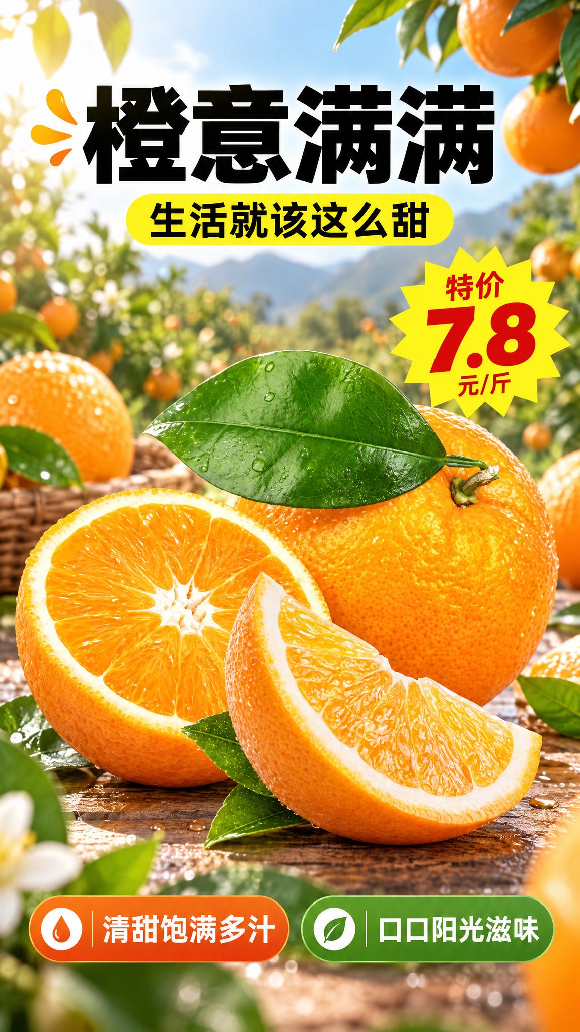 竖版9:16电商中文水果促销海报，写实商业摄影风格，清新自然健… - 图片创意预览