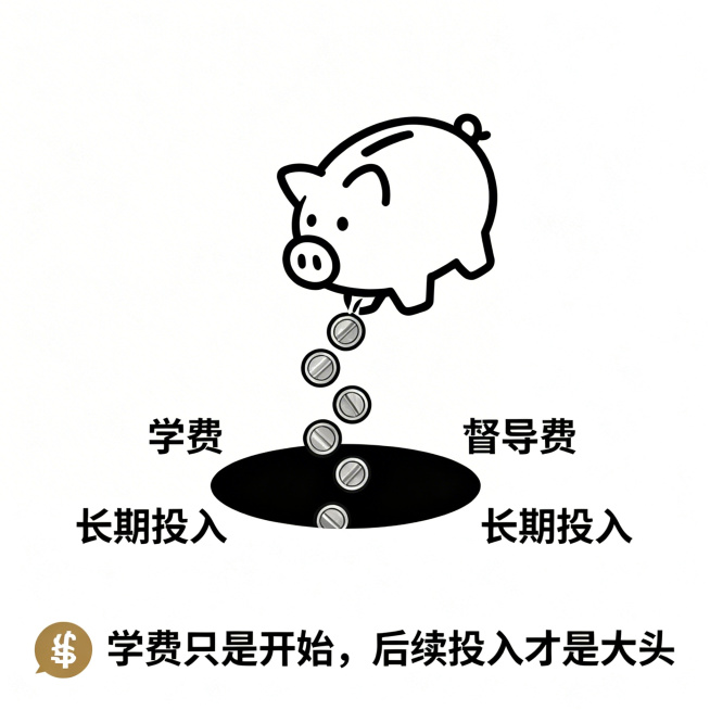 极简信息图形式，图标+关键词+短句。主视觉：一个储蓄罐倒出硬币，硬币流向一个标着“学费”、“督导费”、“长期投入”的无底洞。下方配文案：“💰 学费只是开始，后续投入才是大头”。整体设计简洁干净，信息预览效果